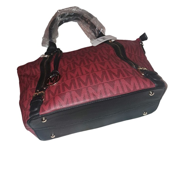 NWT- Gorgeous Rich DEEP RED & Black MKF LARGE Satchel Purse - Picture 3 of 7